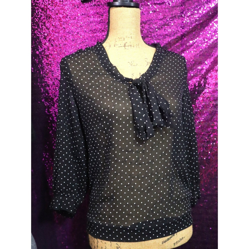 Black Polka Dot Blouse Small The Limited Women Tie Neck Sheer Top Work Corp Goth